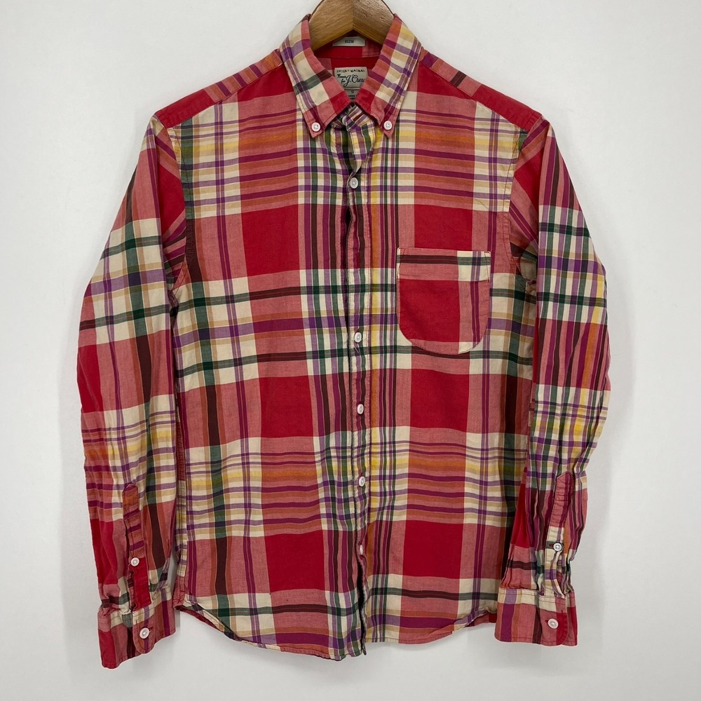 J. Crew‎ Long Sleeve Button Shirt Men's Size S Red Slim Fit Indian Madras Plaid